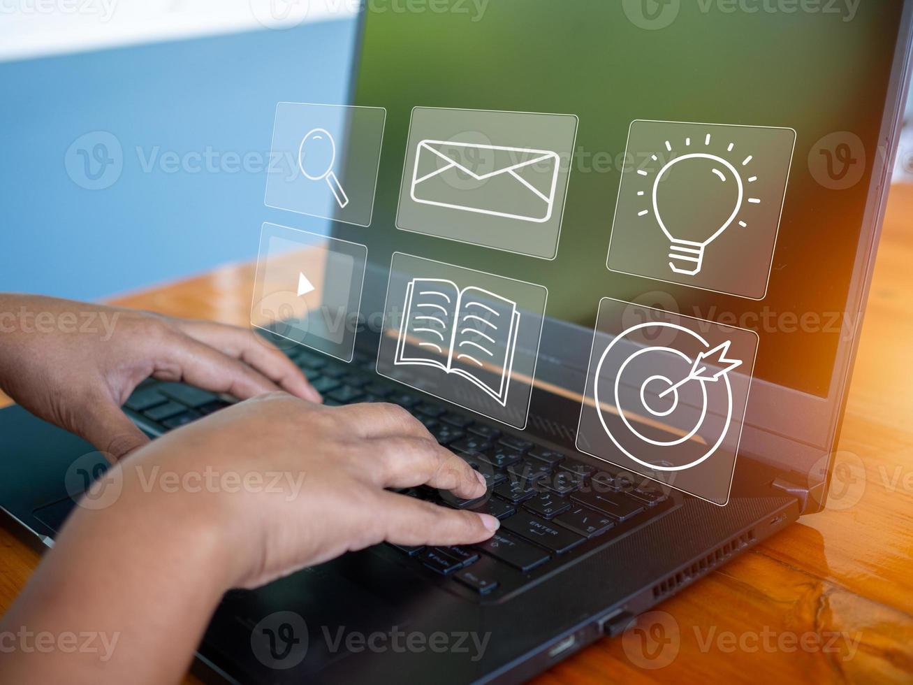 Human hand working on computer. business concept and communication technology photo