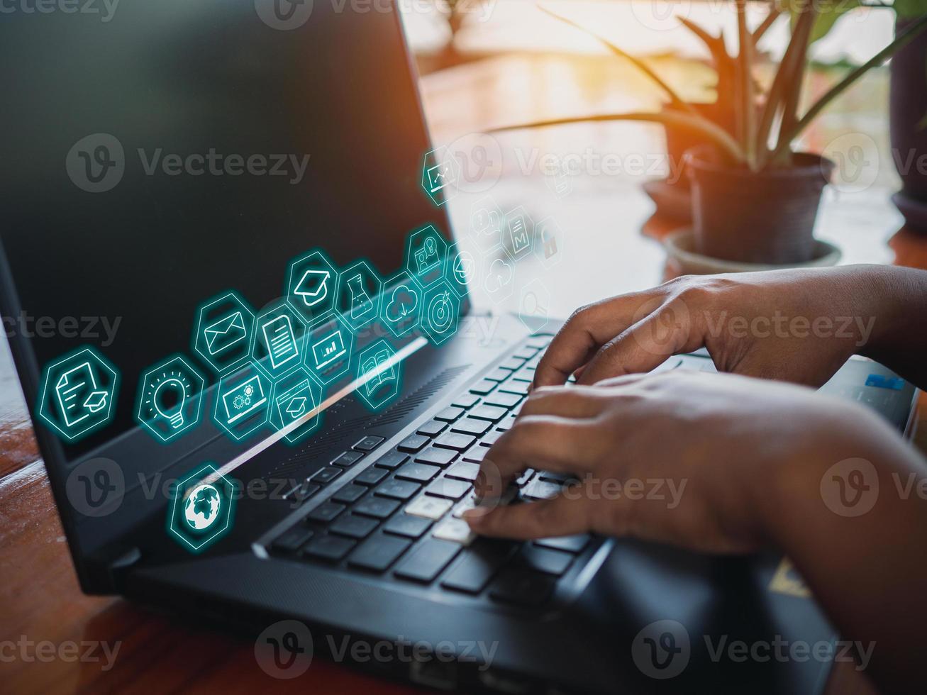 Human hand working on computer. business concept and communication technology photo