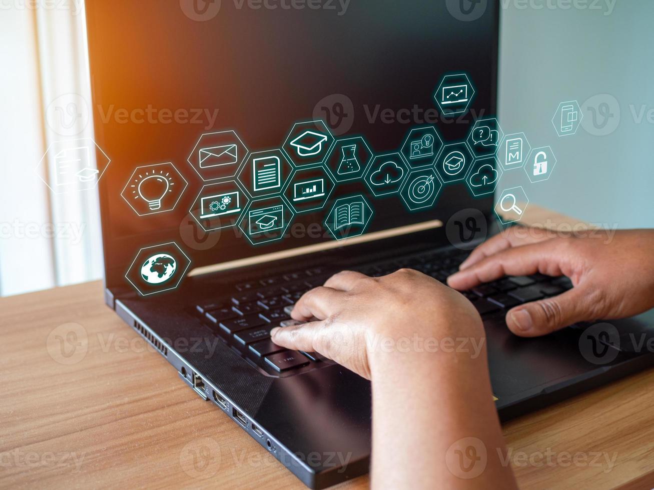 Human hand working on computer. business concept and communication technology photo