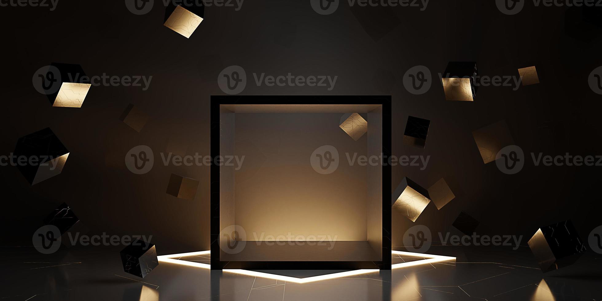 ray reflection background cube modern showroom empty scene neon light and laser technology 3d illustration photo