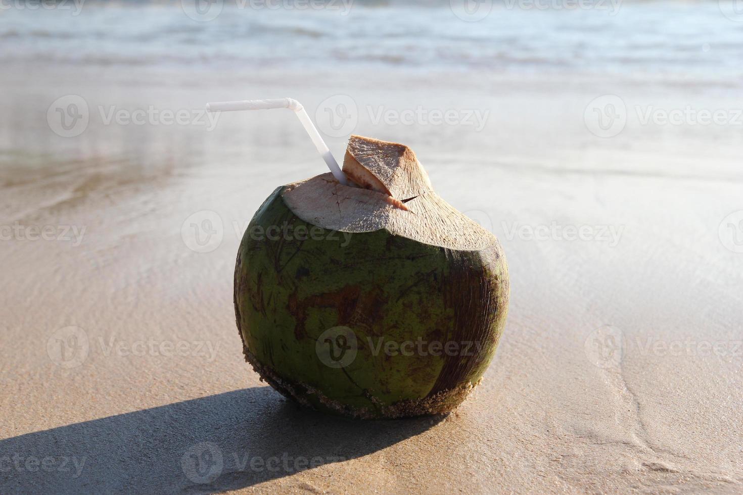 un coco con paja en la playa de arena cerca del mar cuando hace sol. foto