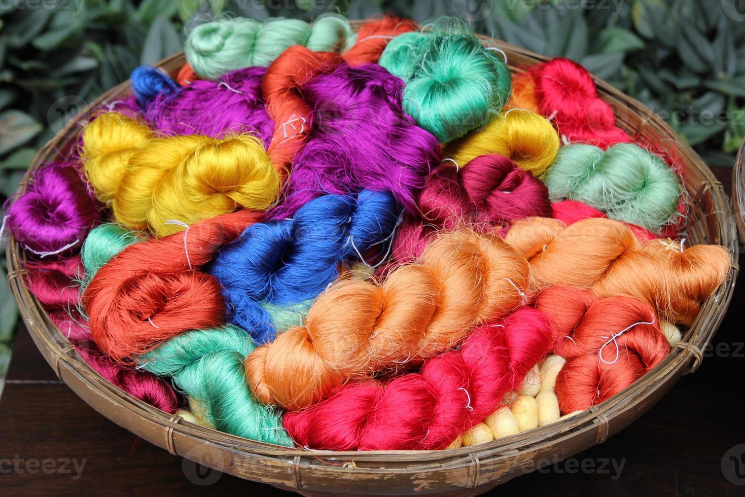 Travel to Bangkok, Thailand. Colorful threads of Thai silk in a basket closeup for background. photo