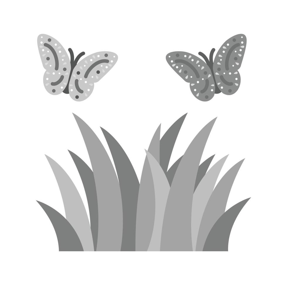 mariposas sobre plantas icono plano en escala de grises vector