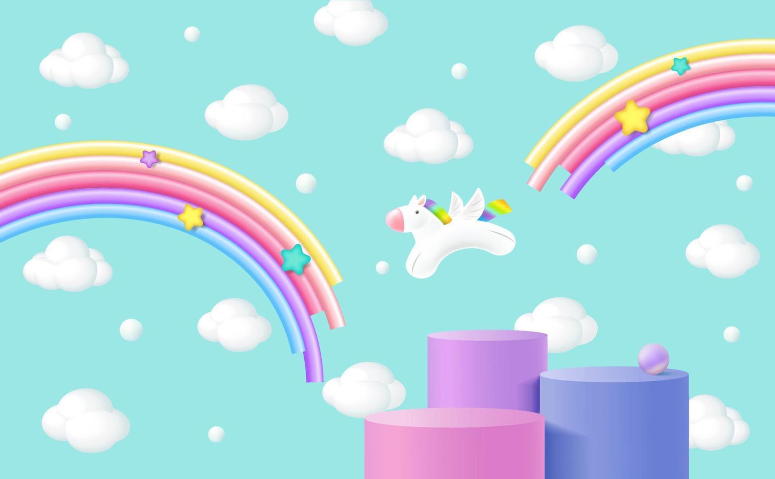 Unicornio transparente con muchas nubes y arco iris con el fondo del cielo azul. vector