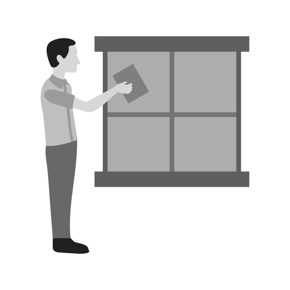 hombre limpiando ventana icono plano en escala de grises vector