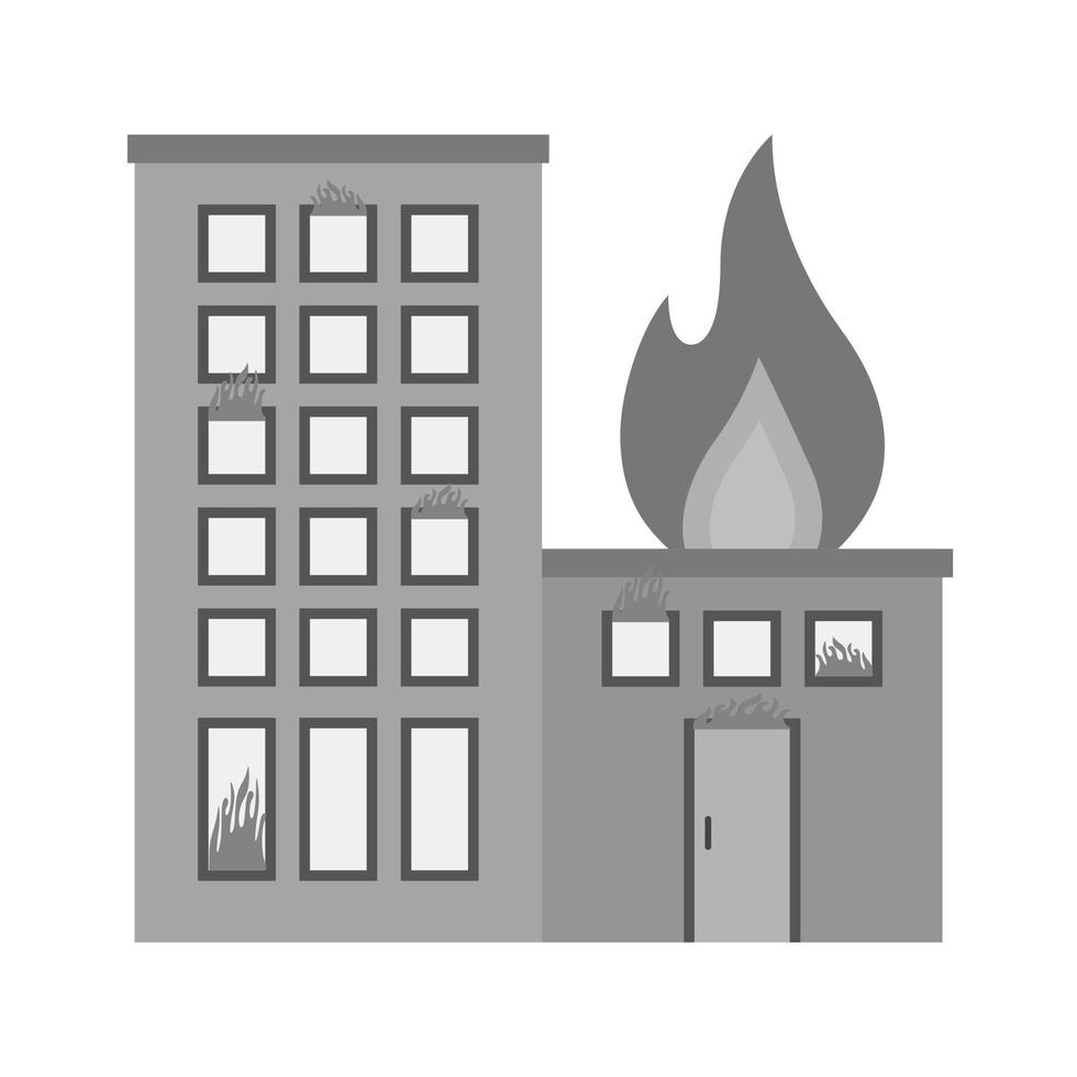 edificio en llamas icono plano en escala de grises vector