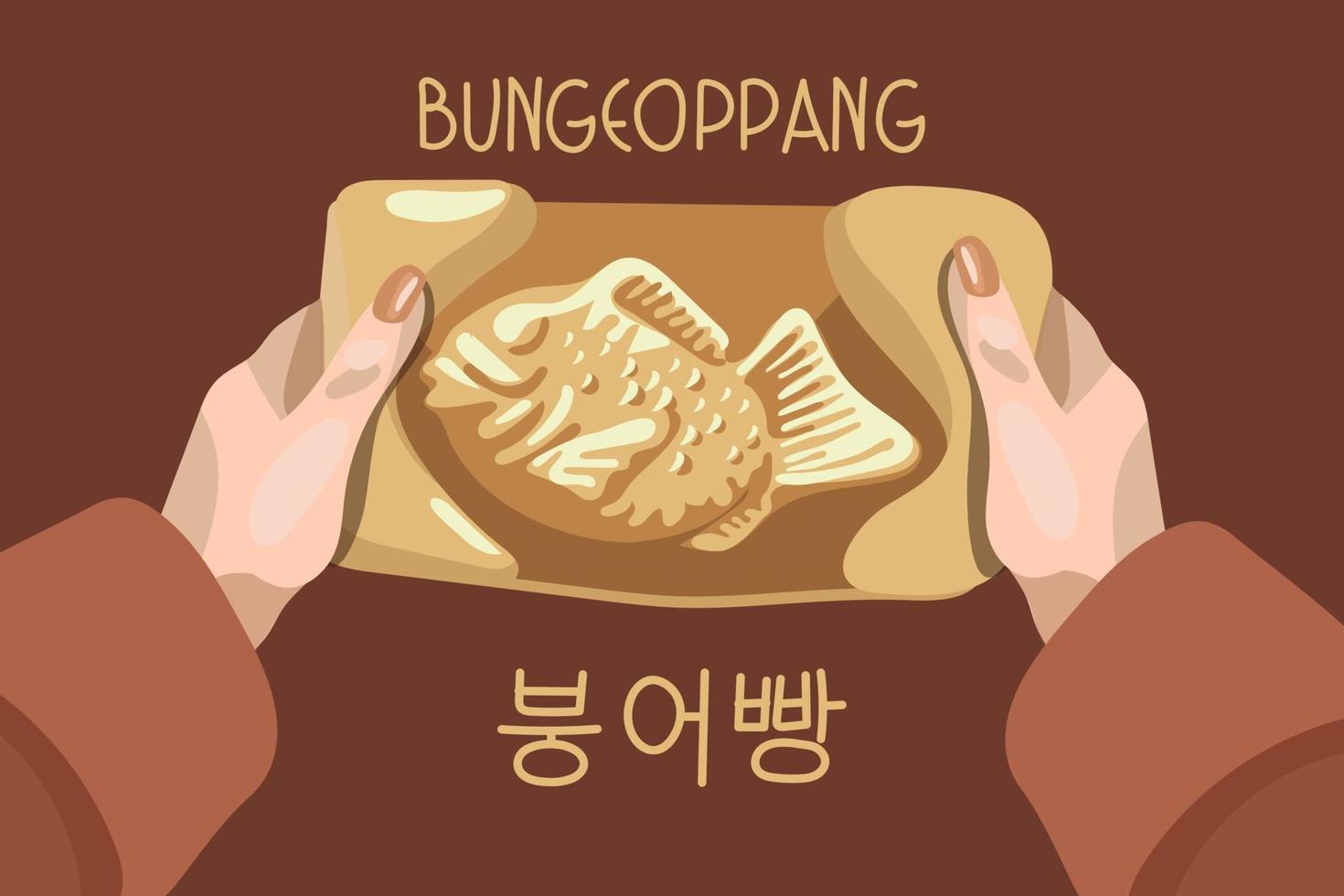 An illustration of Korean cuisine called colored Bungeoppang. Street Korean food in the form of fish in a mold. Pie in hand. Suitable for printing on textiles and paper. Illustration banner vector