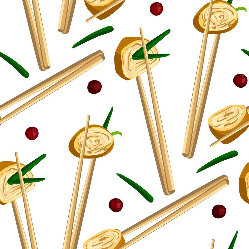 A pattern of Asian tamago omelet in Chinese sticks with a decoration of green onions and lingonberries. Seamless background with egg rolls. Suitable for printing on textiles and papers. Kitchen vector