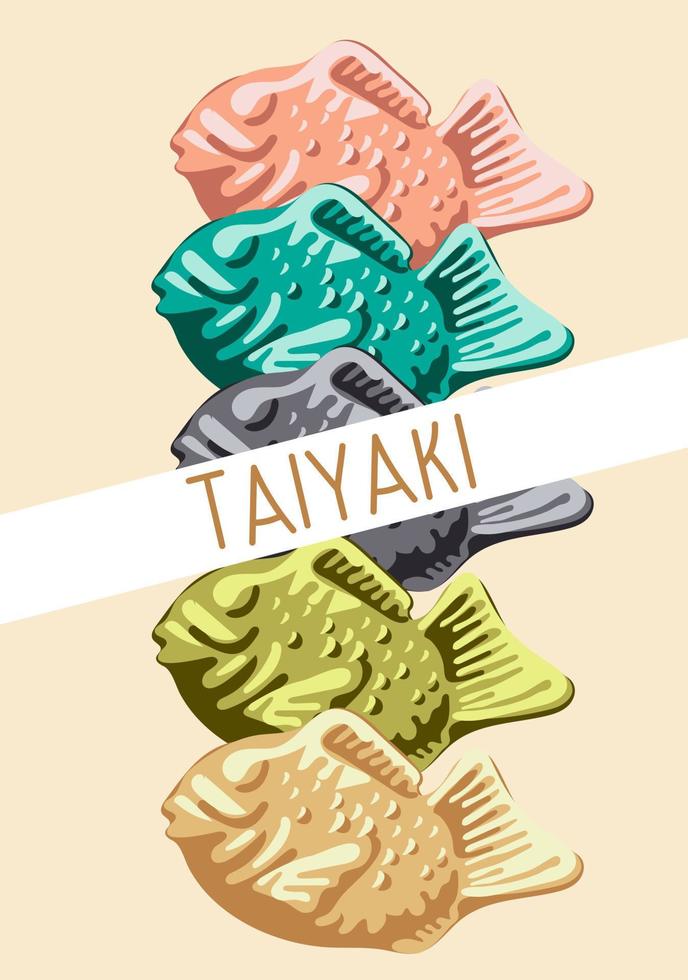 una ilustración de la cocina coreana llamada taiki coloreado. comida callejera japonesa en forma de peces de colores sobre un fondo blanco con una inscripción. adecuado para la impresión en textiles y papel. vector