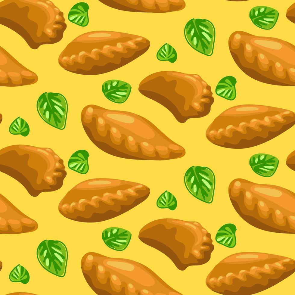 A pattern of falling Empanada pies and origano leaves. All on a yellow background. Suitable for printing a flyer, a banner for a holiday, packaging, any printed information. vector