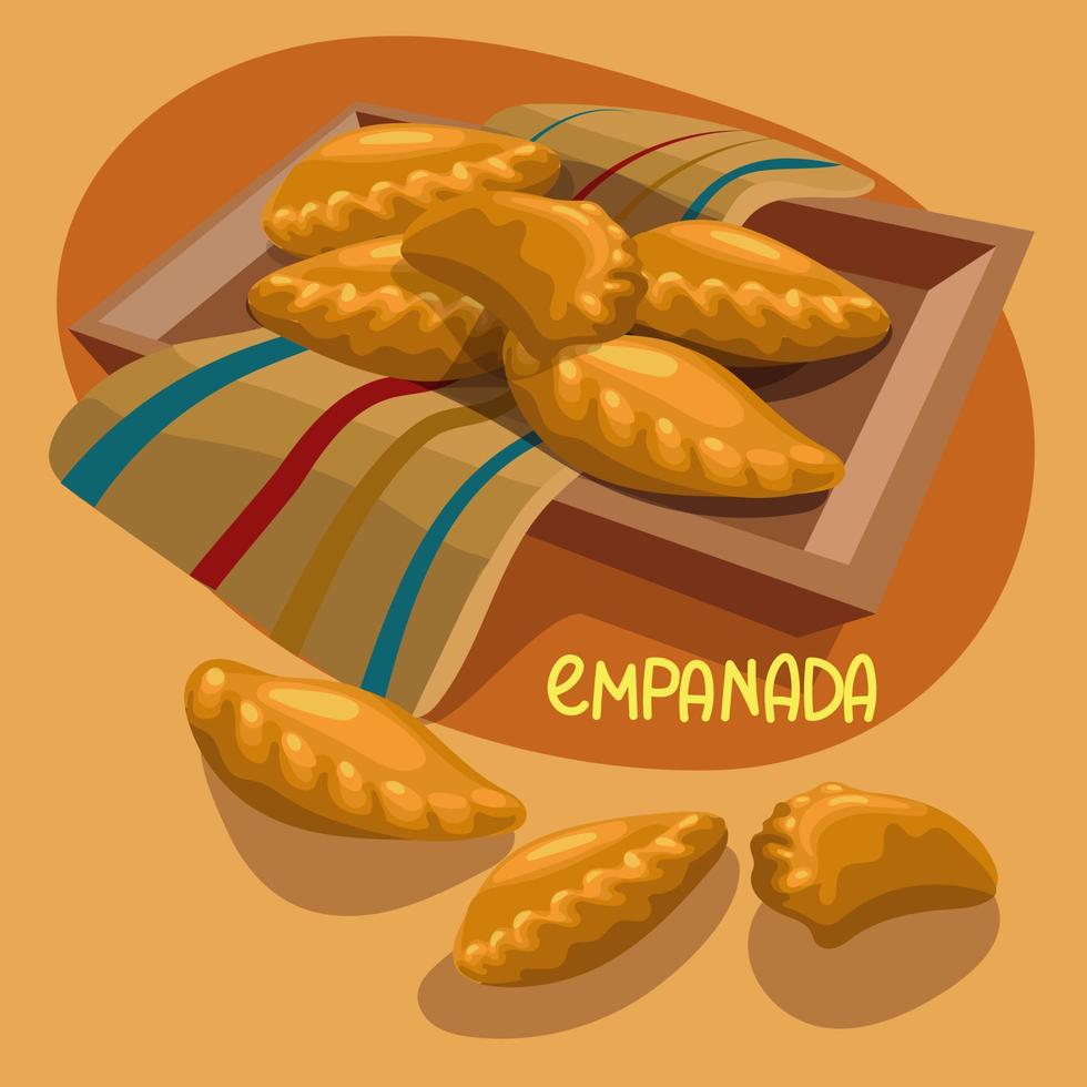 Illustration of an Empanada pie on a striped towel in a wooden bowl on an orange background. Suitable for printing a flyer, a banner for a holiday, a postcard, any printed information. vector