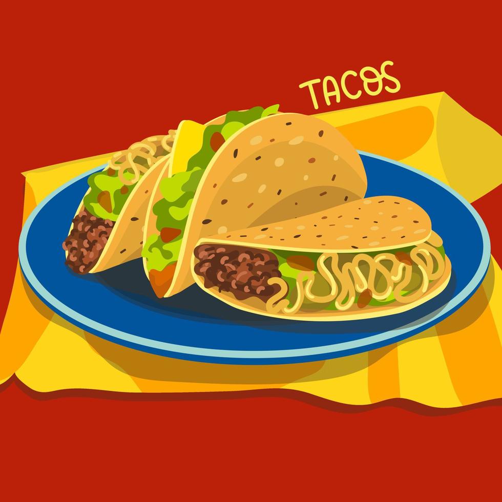 Banner illustration with Tacos. Tacos on a red background with a yellow napkin and a blue plate. Suitable for printing a flyer, a banner for a holiday, a postcard, any printed information. vector