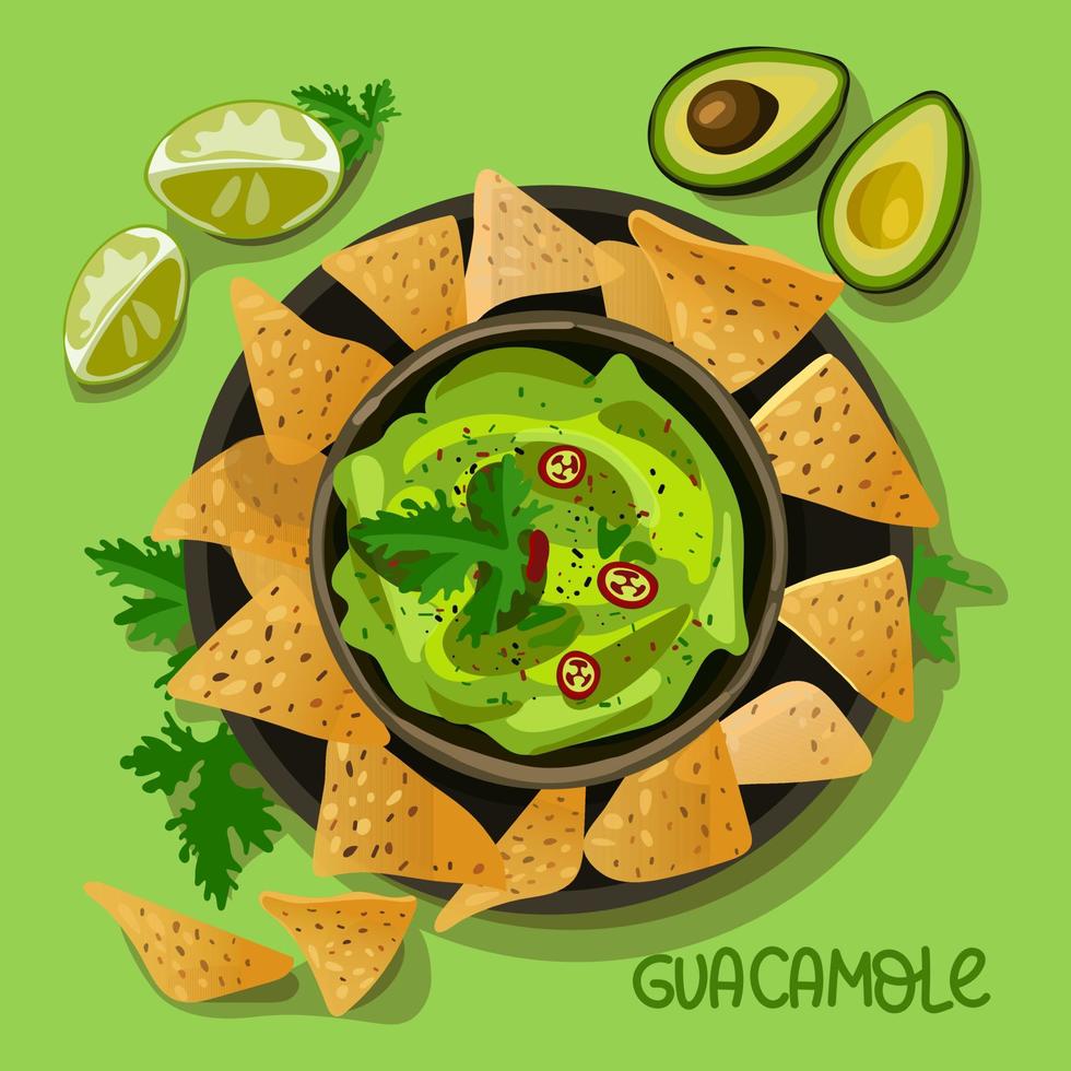 Illustration of Mexican food with spices. A plate with guacamole sauce and nachos with seasonings lying on a green background with shadows. Suitable for printing on textiles and paper. Banner, flyer vector