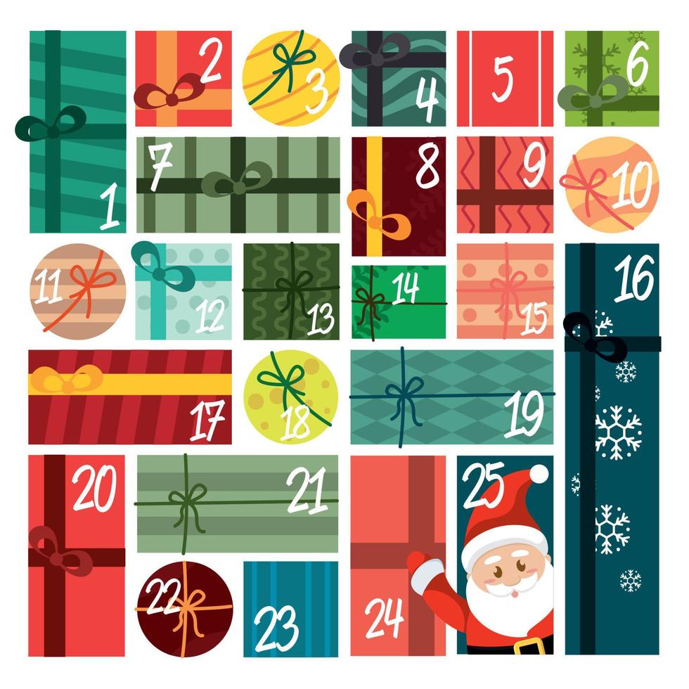 Christmas advent calendar with wrapped colored presents Vector illustration