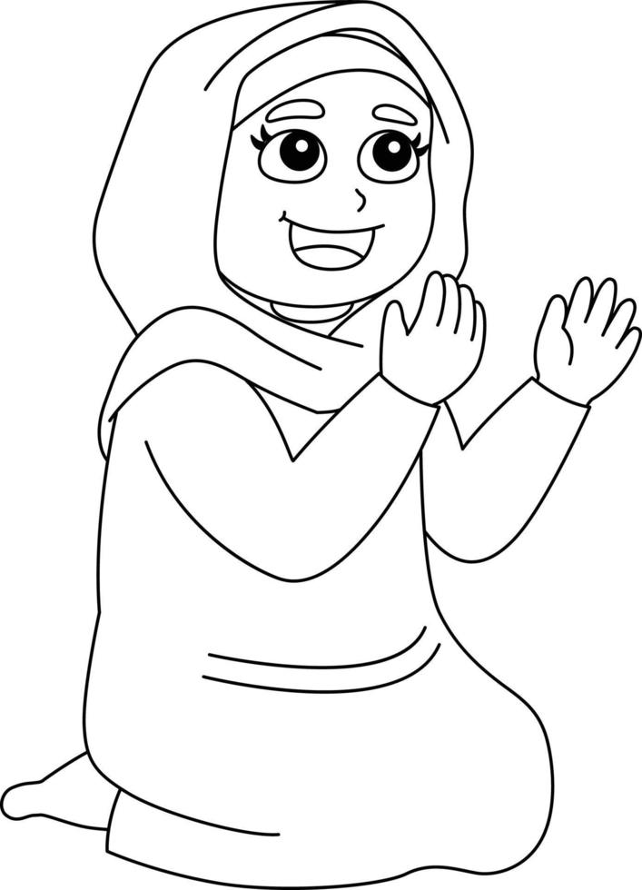 Ramadan Muslim Girl Praying Isolated Coloring Page vector