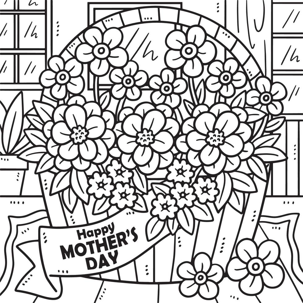 Mothers Day Basket of flowers Coloring Page vector