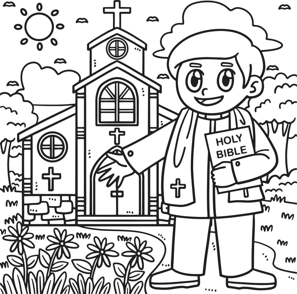 Sacerdote cristiano frente a la iglesia para colorear, pintar e imprimir vector