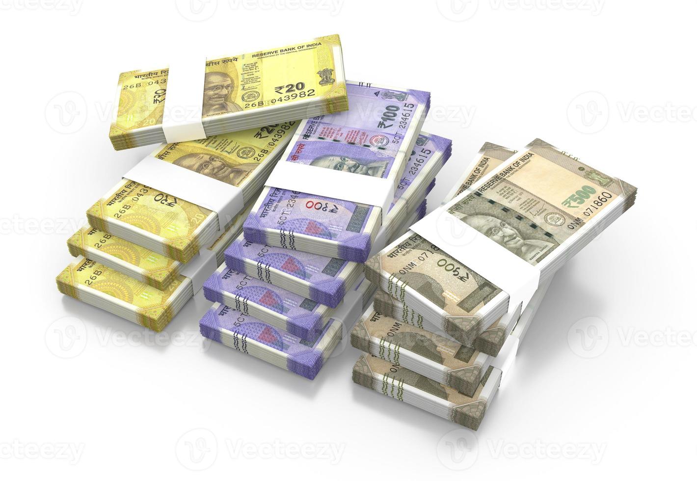 Indian Rupee 20, 100, 500 Currency Note Bundles isolated on White Background - 3D Illustration photo