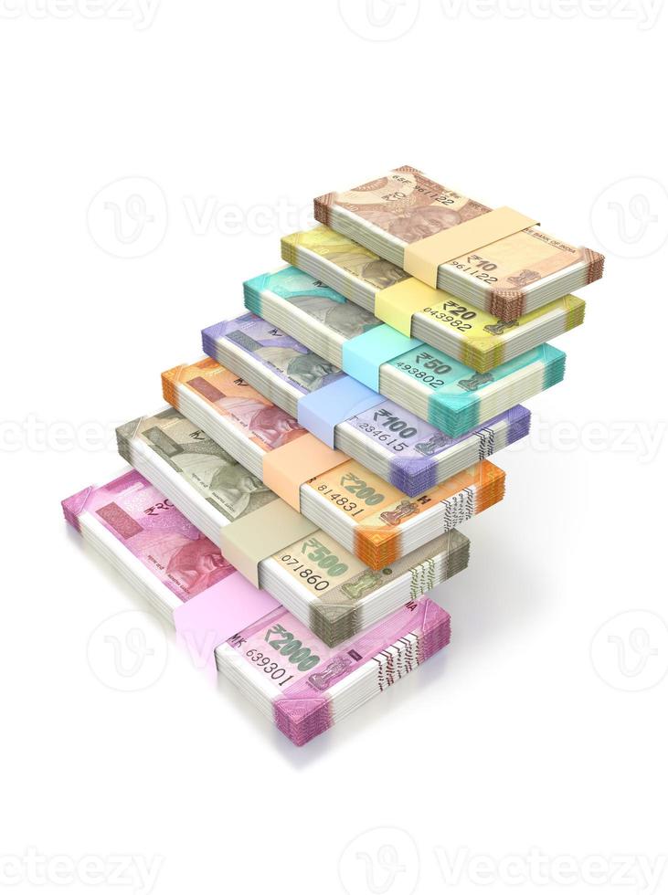 Paquetes de billetes de rupia india en forma de escaleras de escalera, aislados en fondo blanco - ilustración 3d foto