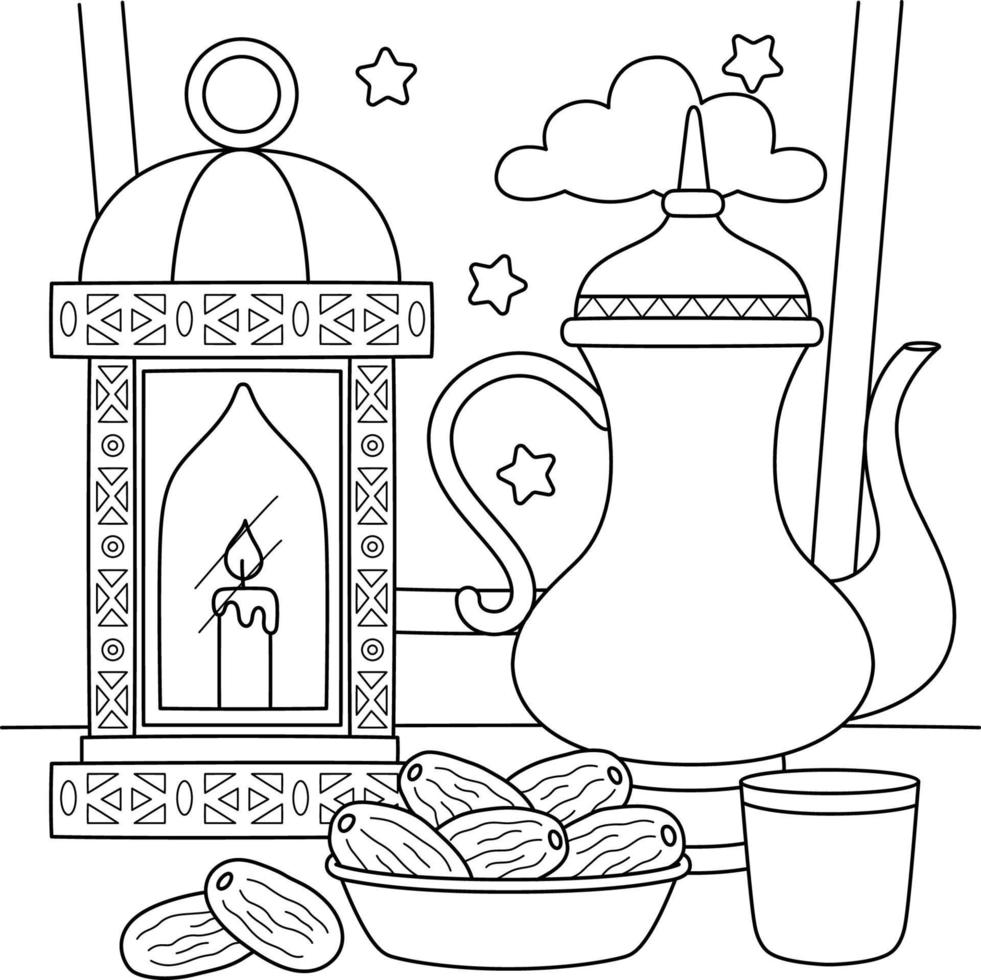 Ramadan Lantern, Tea and Dates Coloring Page vector