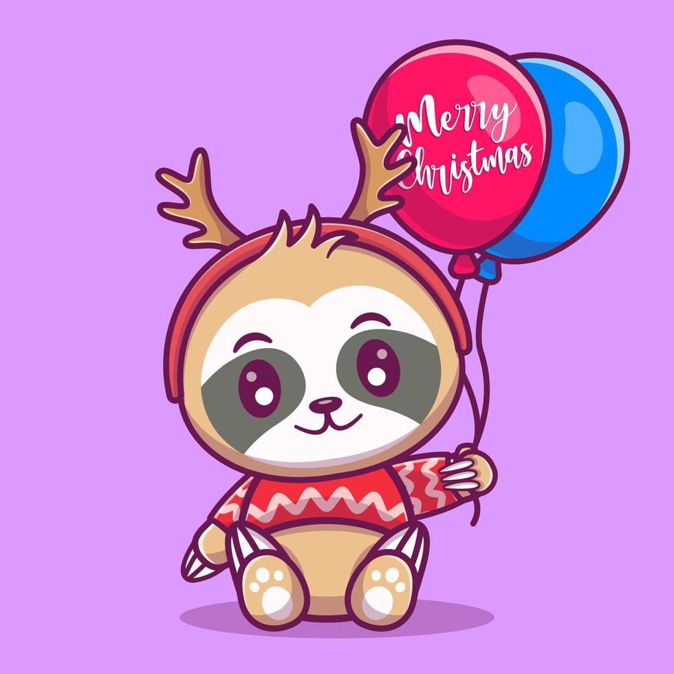 Cute sloth holding balloons for christmas, for the new year and for christmas cartoon illustration. vector