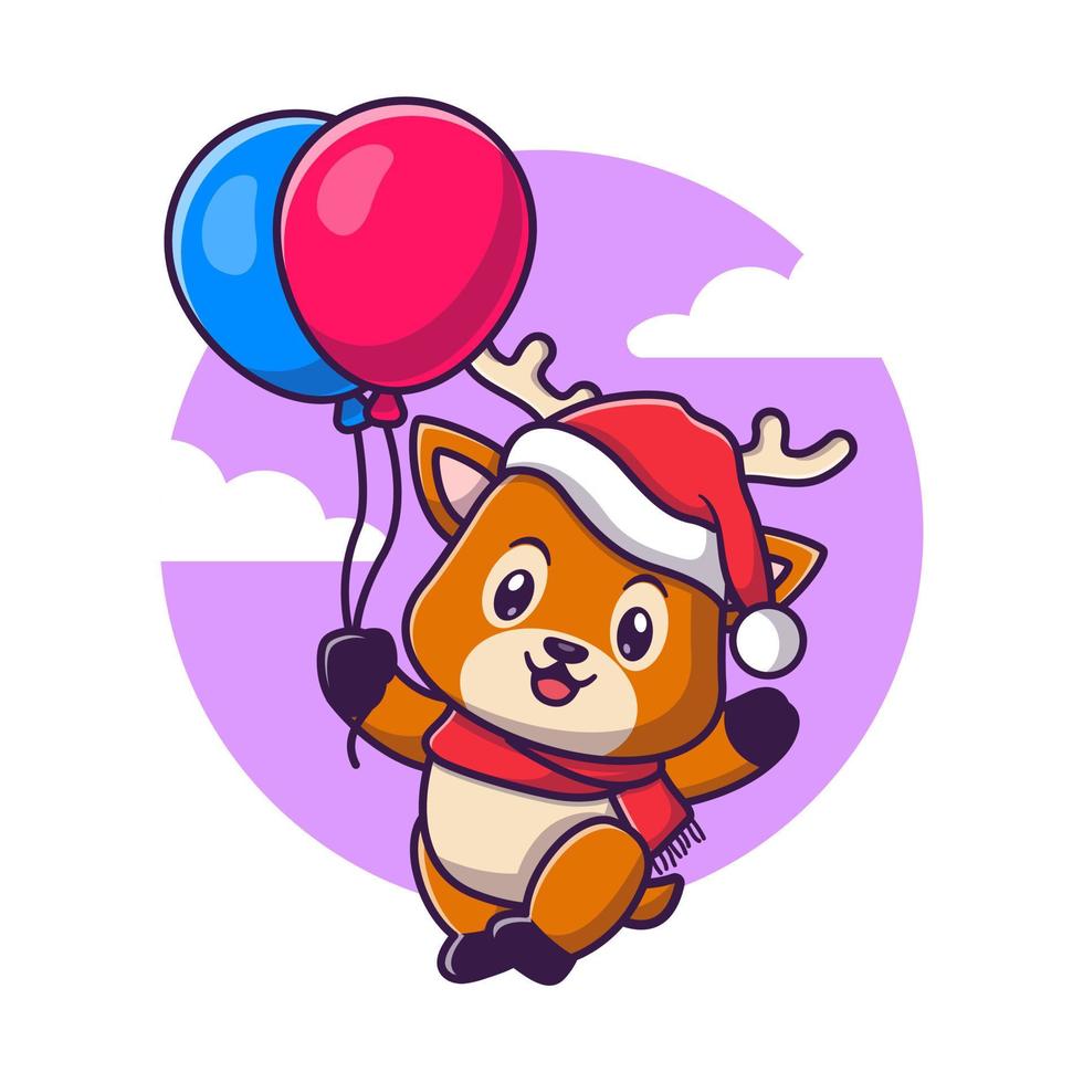 cute deer flying with balloons for christmas, for the new year and for christmas cartoon illustration. vector