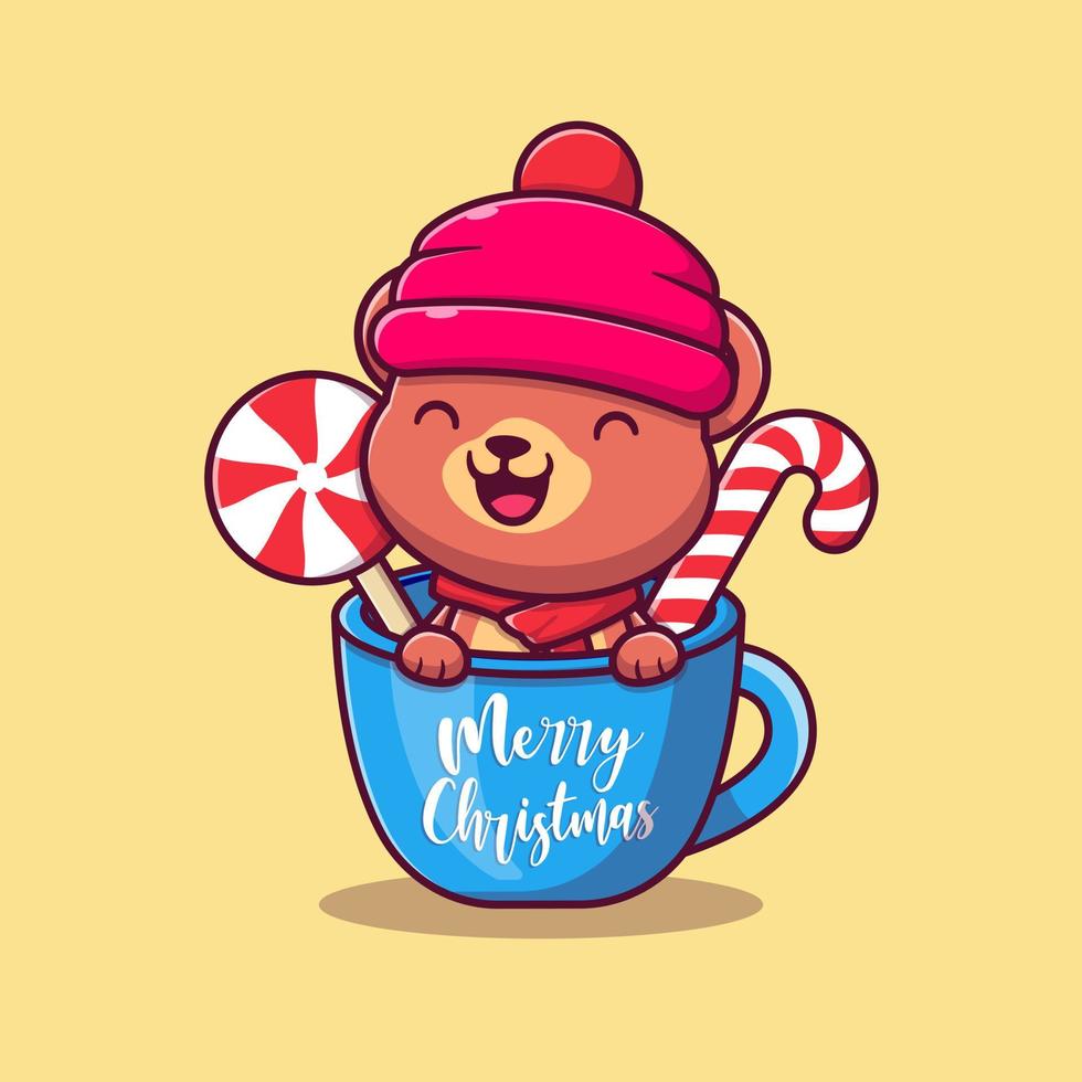 Cute bear wearing hat in cup, for the new year and for christmas cartoon illustration. vector