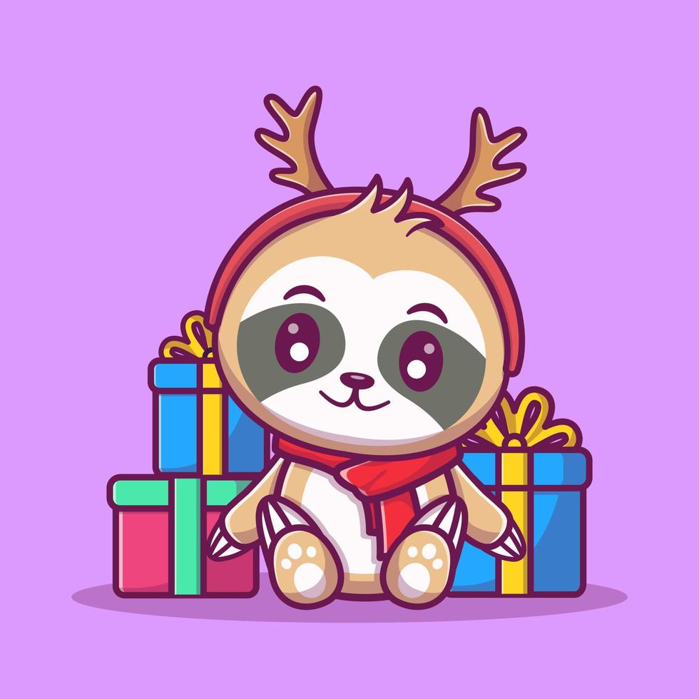 Cute sloth and gift box christmas, for the new year and for christmas cartoon illustration. vector