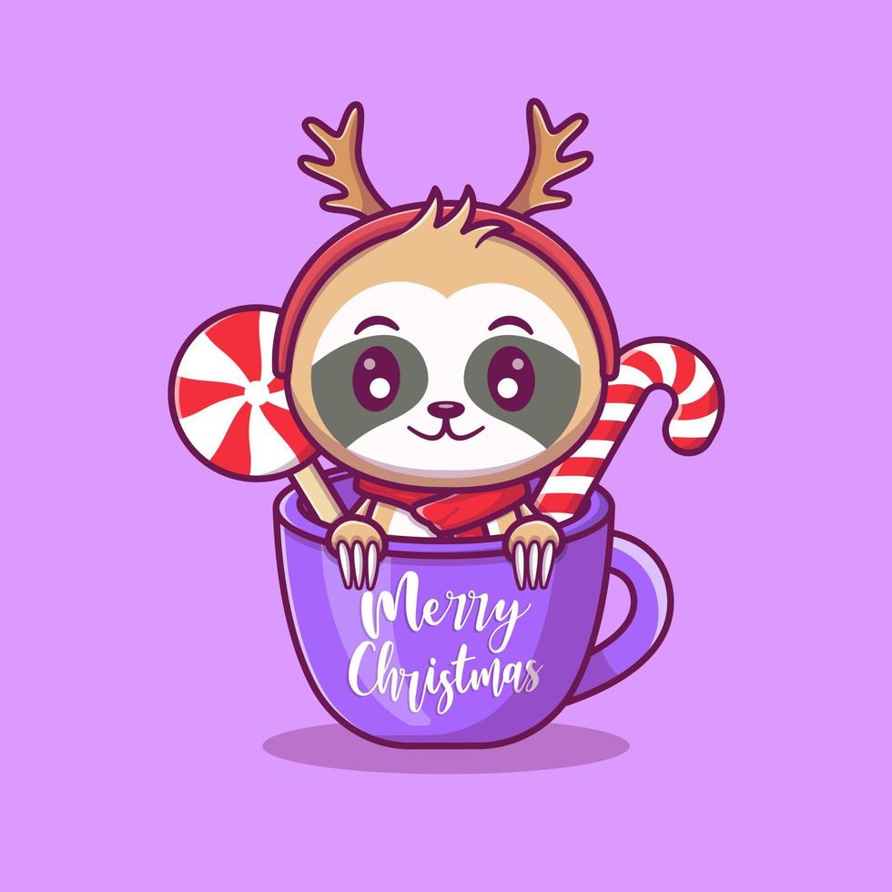 Cute sloth wearing hat in cup, for the new year and for christmas cartoon illustration. vector