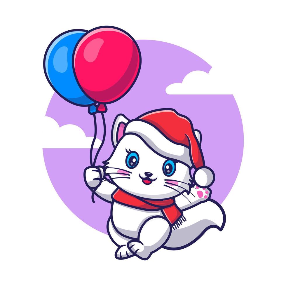 cute kitten flying with balloons for christmas, for the new year and for christmas cartoon illustration. vector