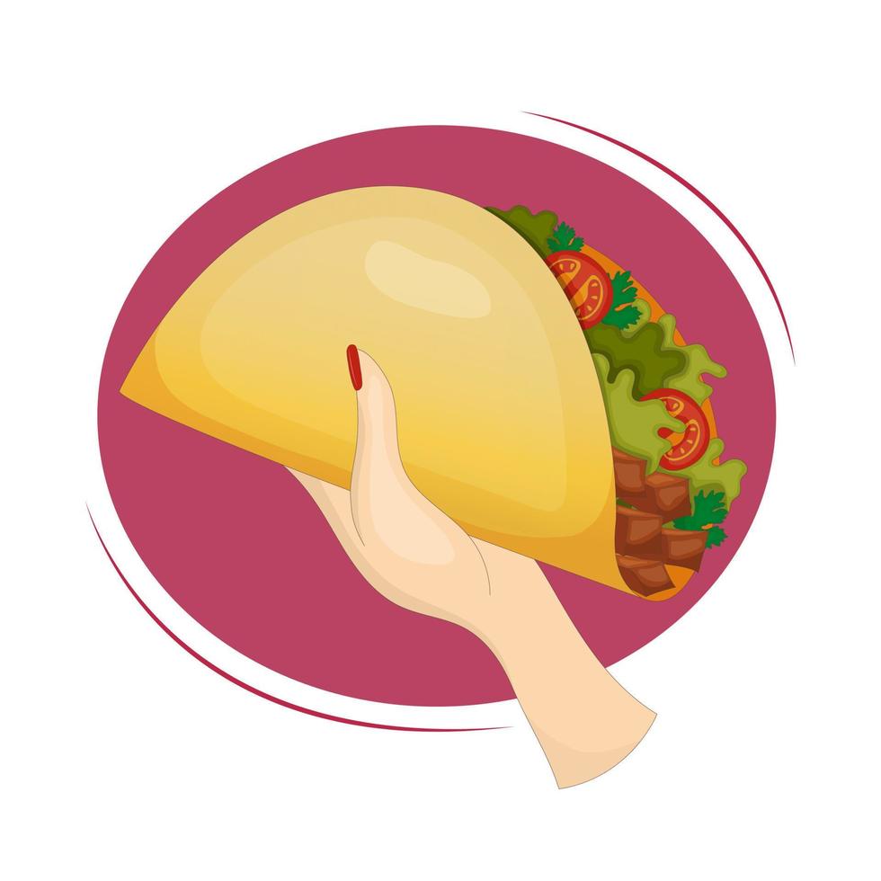 tacos en la mano con verduras y carne. comida tradicional mexicana. cocina latinoamericana. tortilla aromática. ilustración vectorial vector