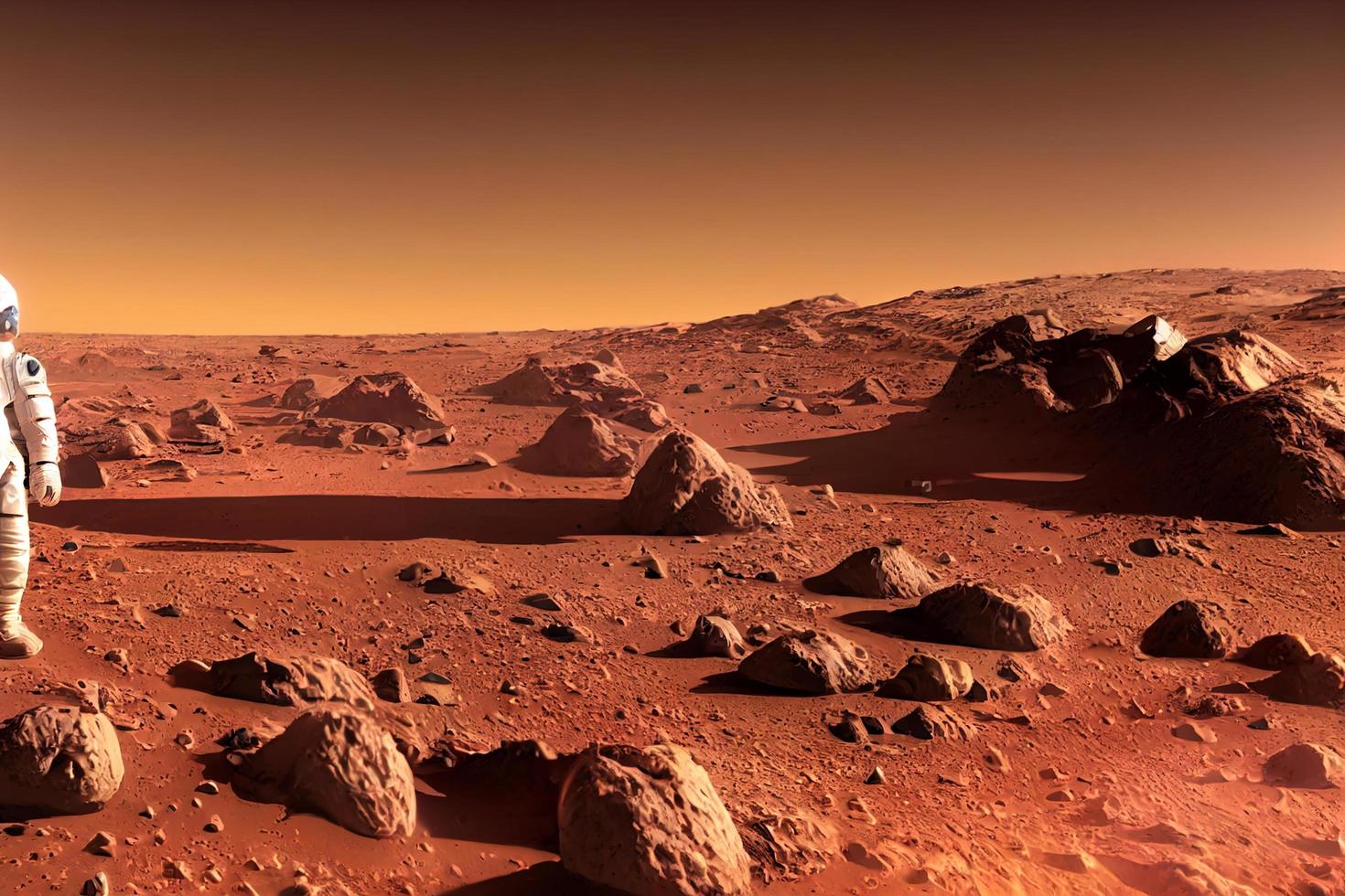 Colony on Mars. Two Astronauts Wearing Space Suit Walking On The Surface Of Mars photo