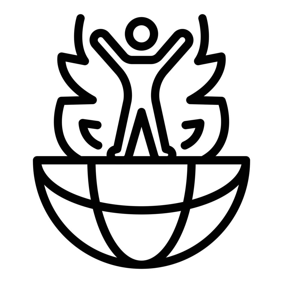 Man on the globe and flame icon, outline style vector