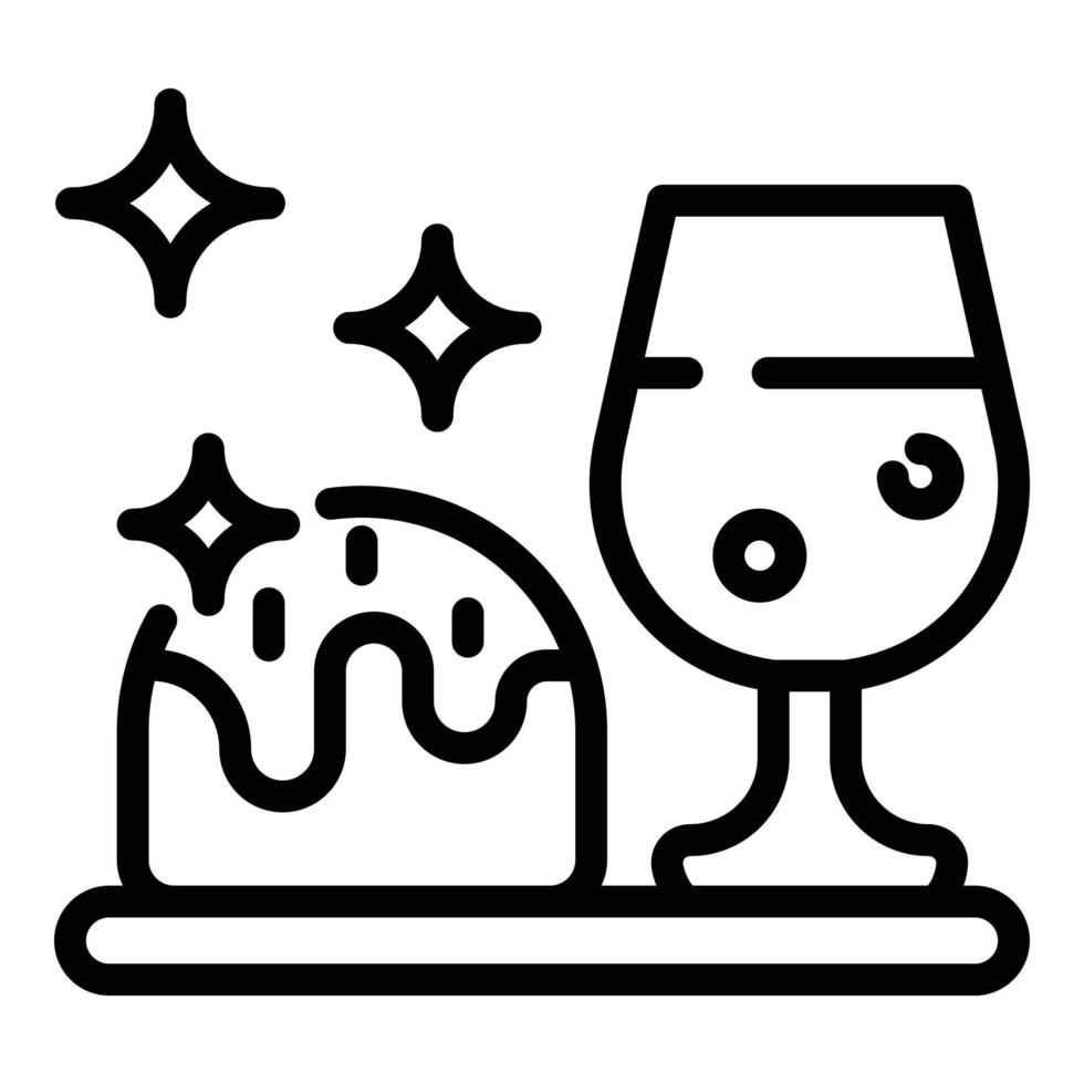 Glass with drink and cake icon, outline style vector