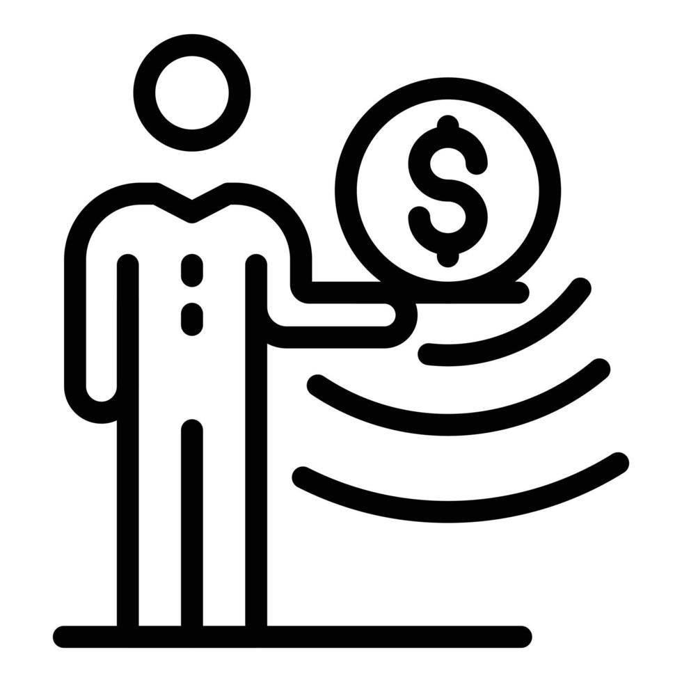 hombre con una moneda en un icono de bandeja, estilo de esquema vector