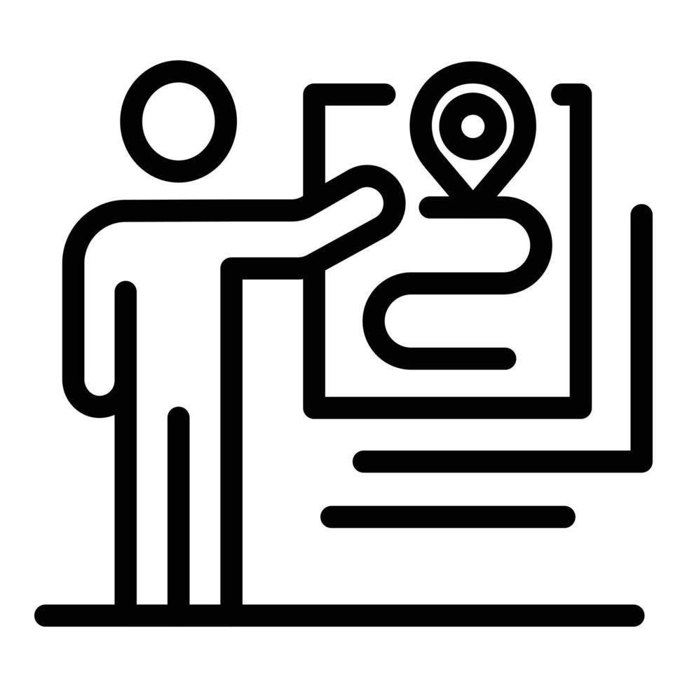 Man marks a route on a map icon, outline style vector