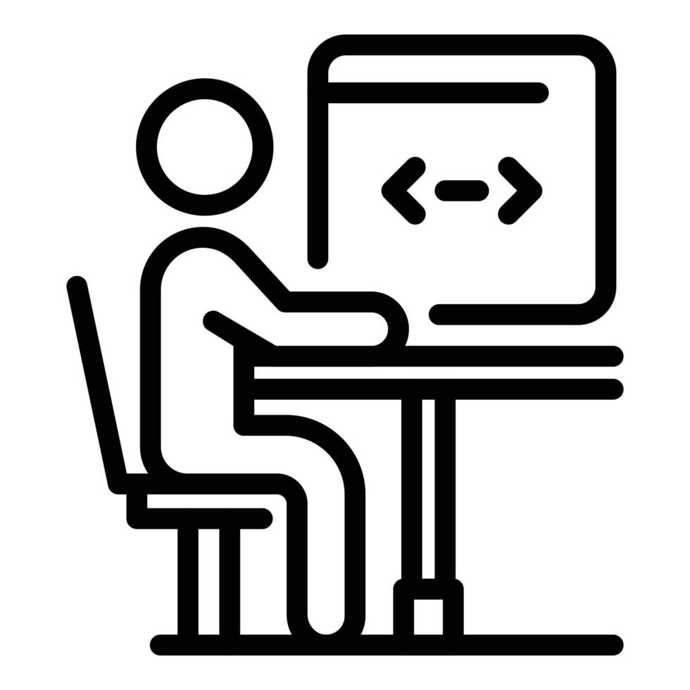 hombre codificando en el icono de pc, estilo de esquema vector