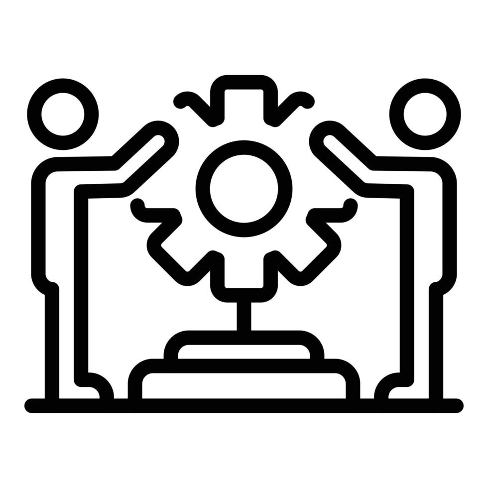 Two men holding cog icon, outline style vector