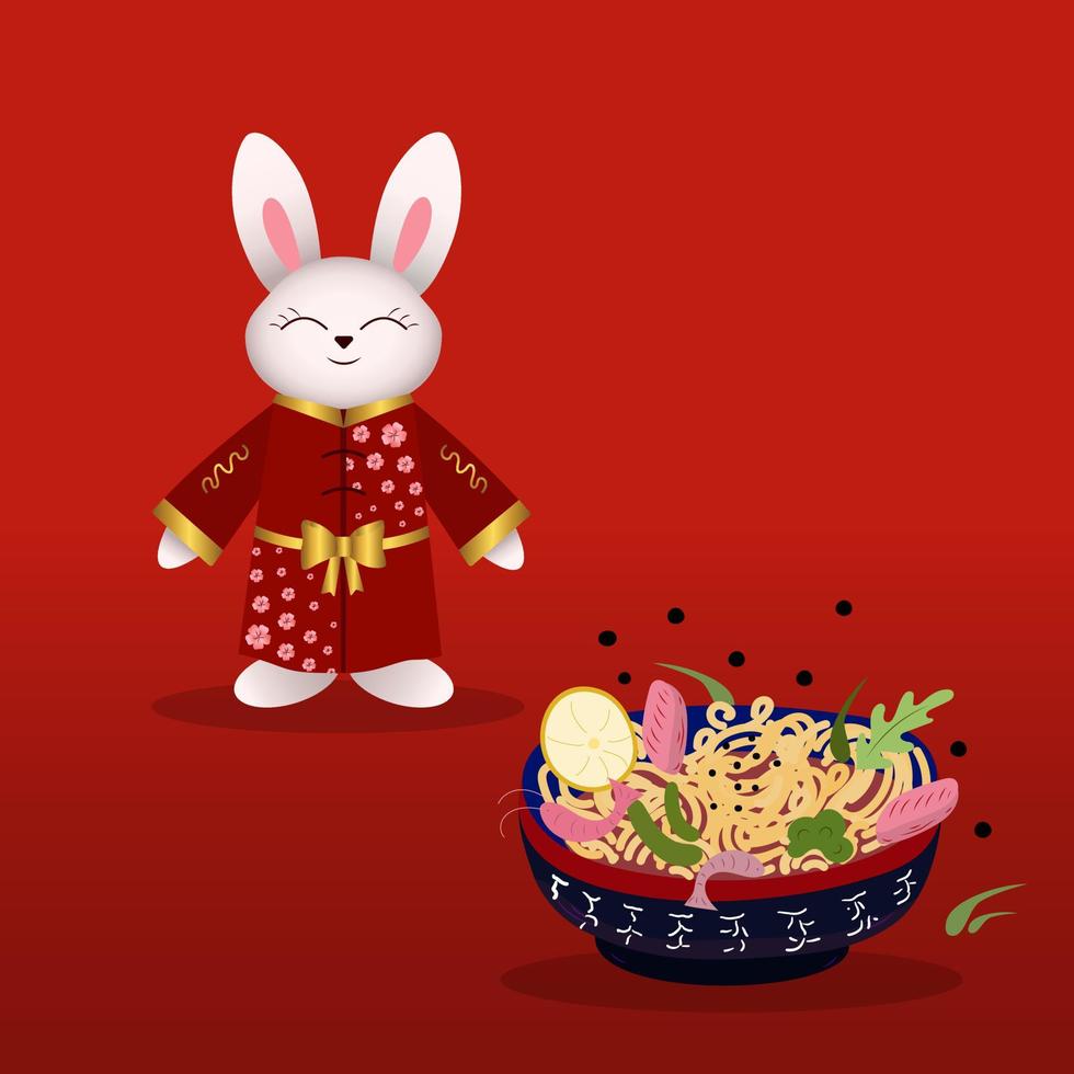Chinese rabbit, bunny in kimono with plate of noodles. Vector illustration Asian food