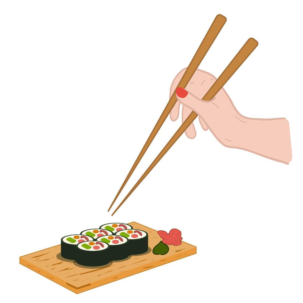 Set rolls on wooden board. Hand with chopsticks. Asian food Vector illustration
