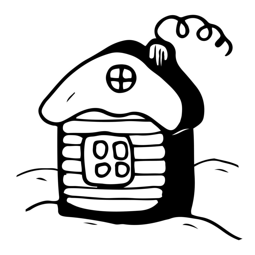 Doodle Winter country house village. White and black. Vector illustration.