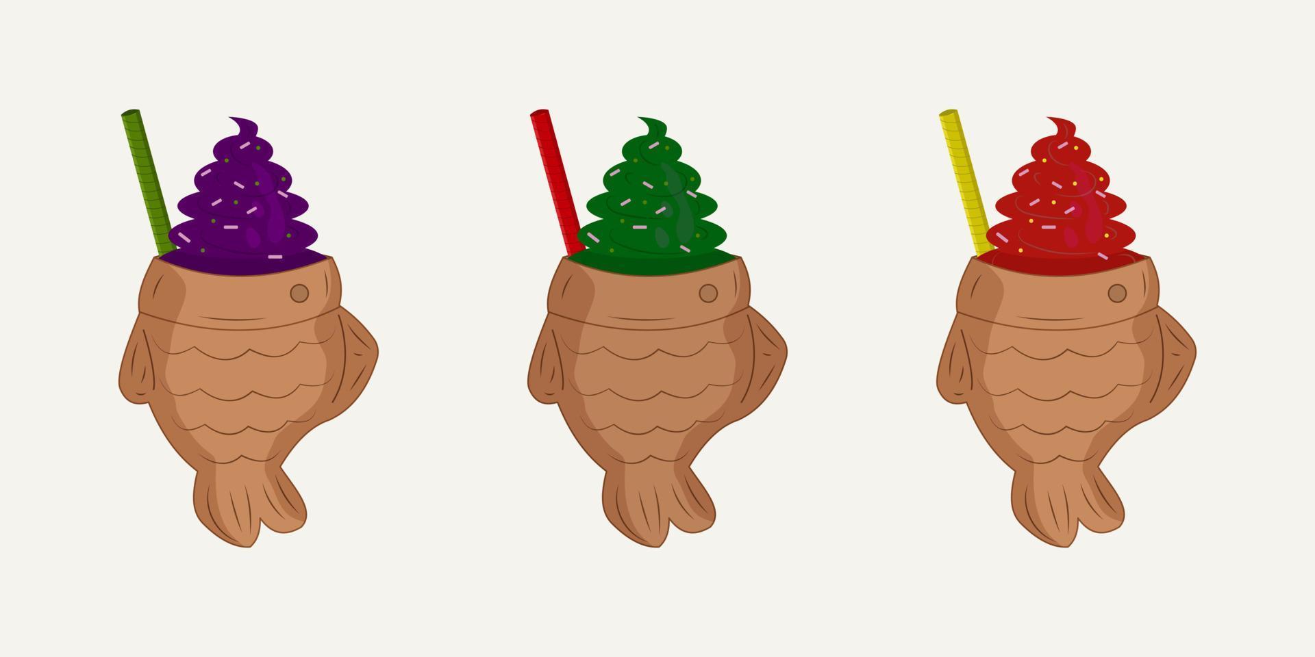 helado de taiyaki. natillas de cono de pan de pescado. verde, rojo, morado. comida asiática. ilustración vectorial vector