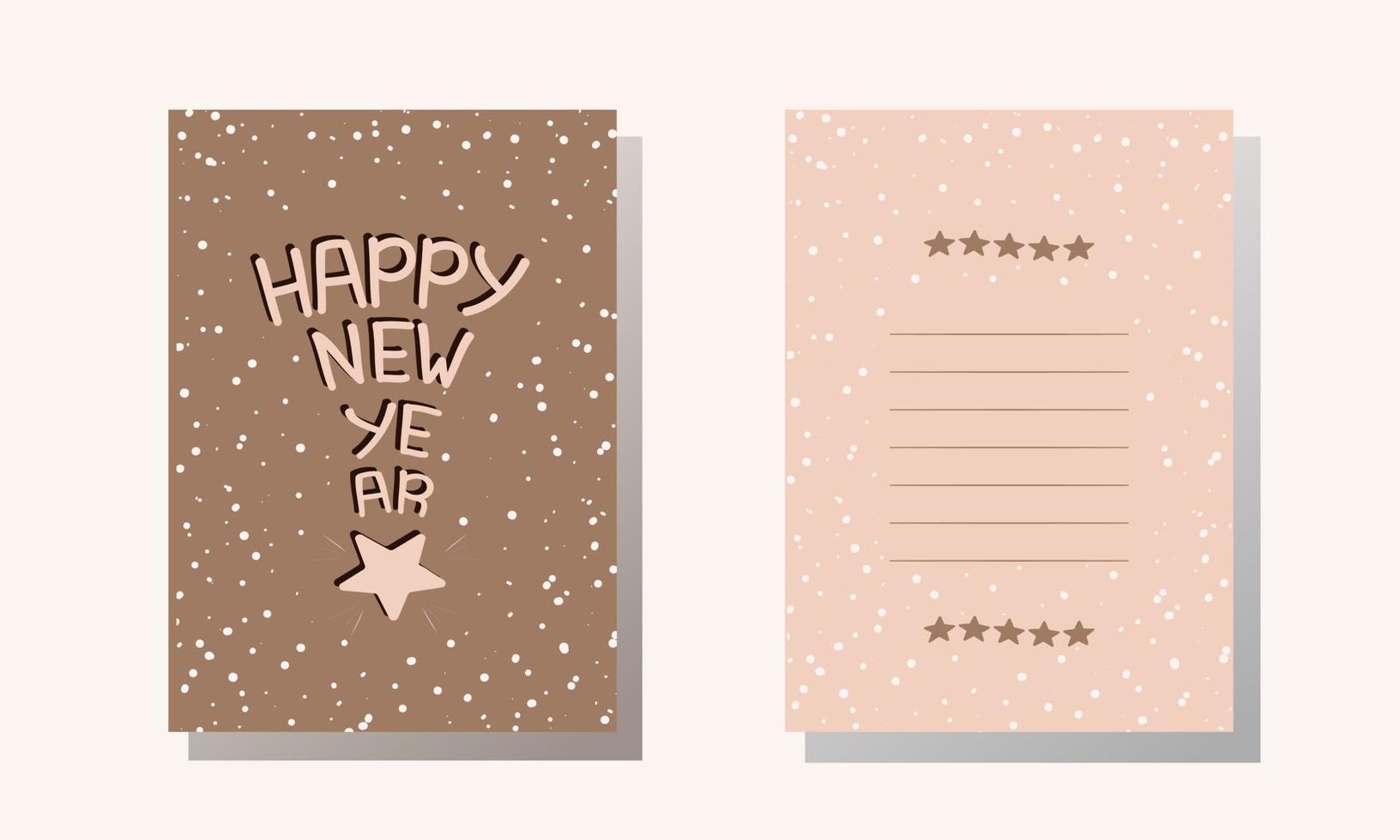 tarjetas postales feliz año nuevo con estrella. beige y rosa. tapa y reverso para tarjeta. ilustración vectorial vector