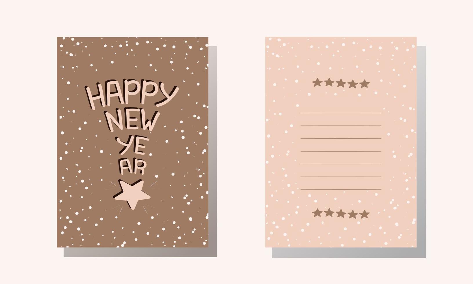 Postcards Happy New Year with star. Beige and pink. Cover and back for card. Vector illustration.