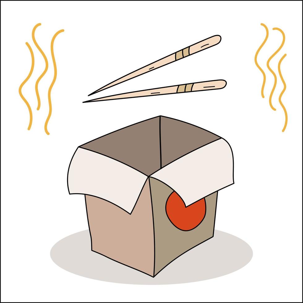 comida asiática. caja de wok vacía y palillos. los palillos chinos elevan los fideos. ilustración vectorial vector