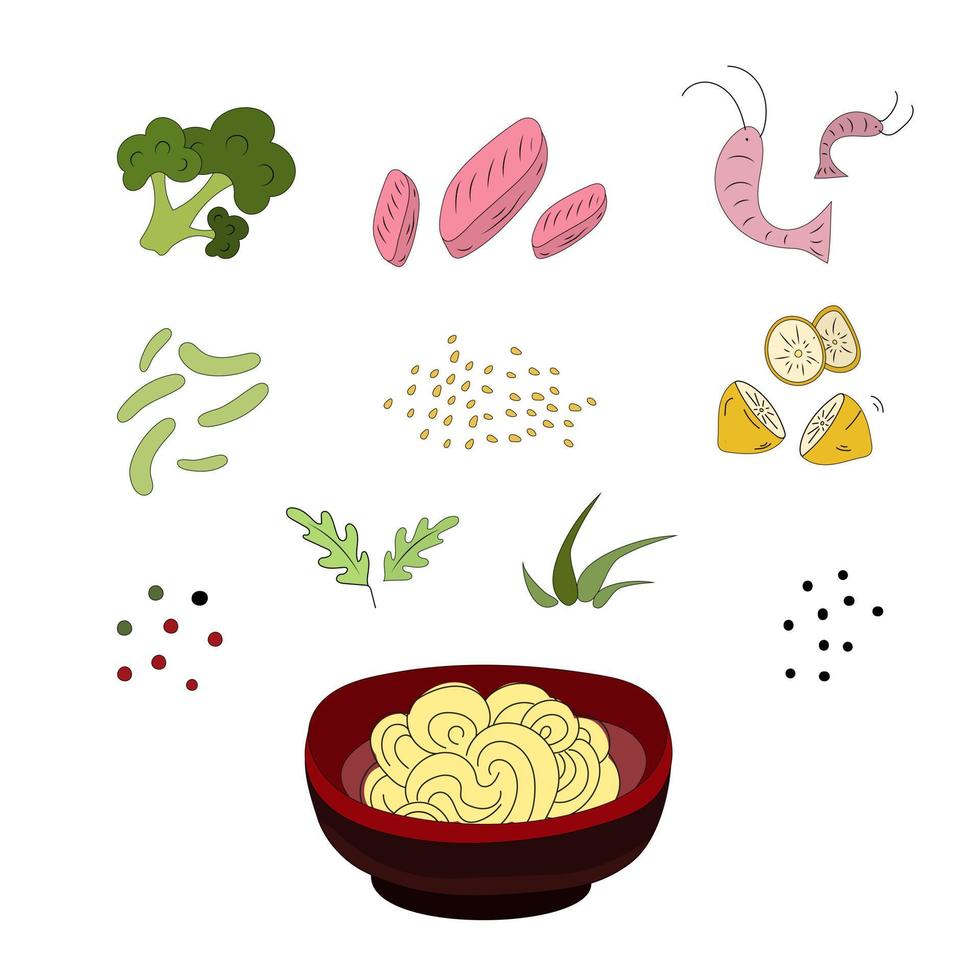 Asian food. Plate of noodles. Shrimp, beans, fish, greens, arugula, lemon. Vector illustration.