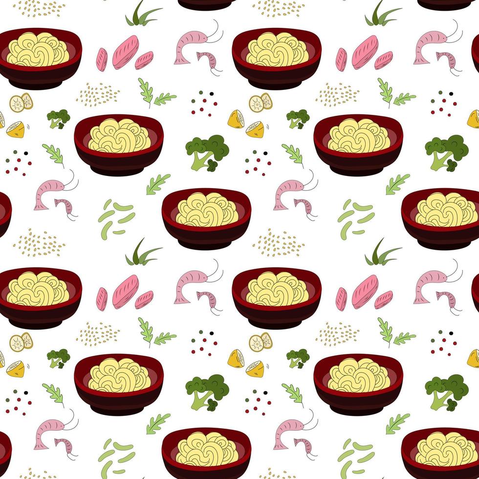 Seamless pattern Chinese eat. Shrimp, fish, noodles, lemon, greens. Asian food. Vector illustration.