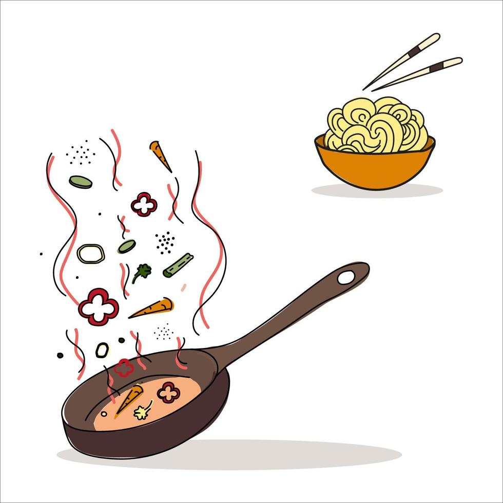 sartén wok con verduras y plato con fideos. ilustración de vector de comida asiática.