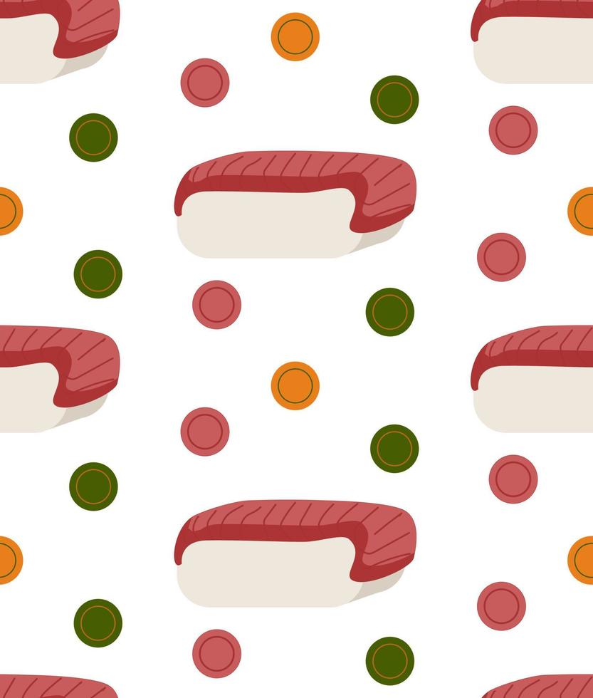 Seamless pattern Chinese eat. Sushi with tuna and colors circle. Asian food. Vector illustration.