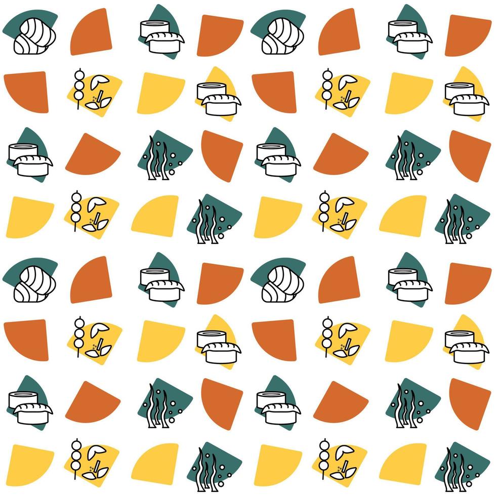 Seamless pattern with sushi, rolls, sweets, fish, seaweed. Asian food. Vector illustration.